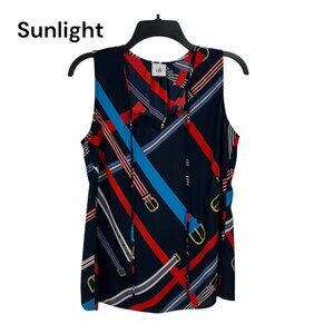 Cabi Womens Sleeveless Navy Blue Blouse Red & Blue Belt Print Size S Polyester